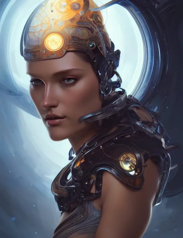 Image similar to futuristic woman portrait, sci-fi, amber eyes, face, long hair, fantasy, intricate, elegant, highly detailed, digital painting, artstation, concept art, smooth, sharp focus, illustration, art by artgerm and greg rutkowski and alphonse mucha