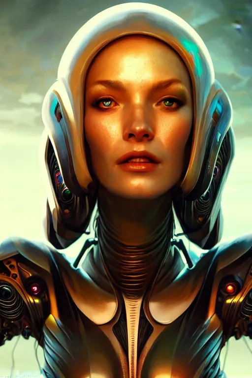 Prompt: attractive female alien - cyborg, close - up portrait, intricate, elegant, volumetric lighting, scenery, digital painting, highly detailed, artstation, sharp focus, illustration, concept art, luis rollo, ruan jia, steve mccurry, john berkey