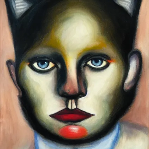 Prompt: black cat with human face in style of Petrov-Vodkin, 4k, hyper realistic,