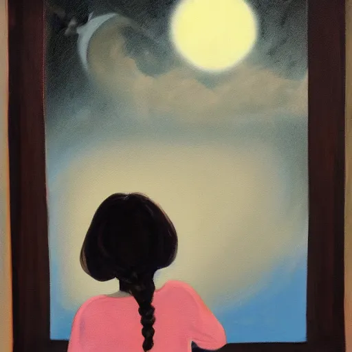 Image similar to painting of brunette girl from behind as she looks at the window at the night sky, feature the moon and hearts