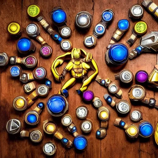 Prompt: infinity gauntlet with 6 infinity stones from marvel superheroes but it is made out of wood, 8k, super detailed, highly detailed, sharp focus, epic lighting, award winning photography, 8kHdR