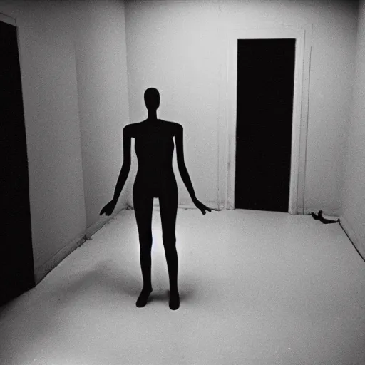 Prompt: Photograph of an old black room with a mannequin, dust in the air, brown wood cabinets, SCP, taken using a film camera with 35mm expired film, bright camera flash enabled, award winning photograph, sleep paralysis demon crabwalking towards camera, creepy, liminal space, in the style of the movie Pulse