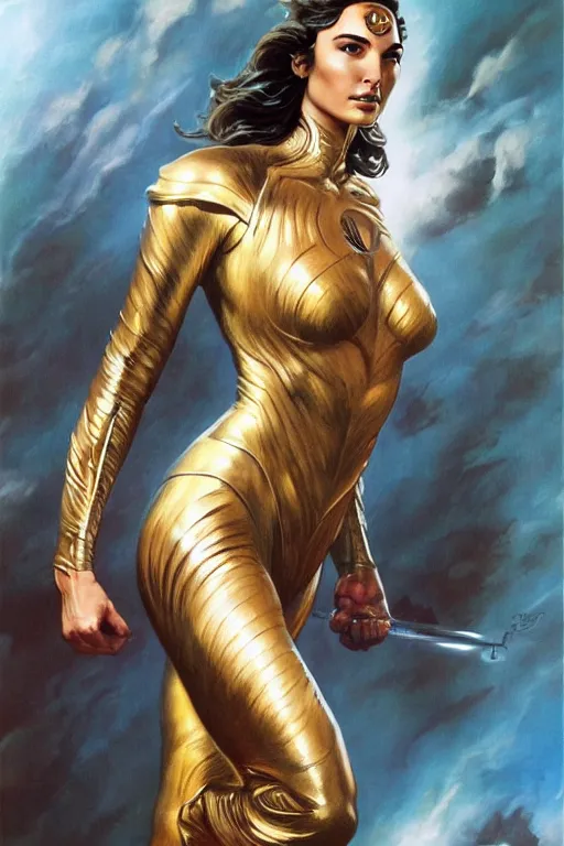 Image similar to a stunning full body portrait of gal gadot wearing a metallic full body catsuit, fantasy art by frank frazetta and boris vallejo and julie bell, highly detailed, trending on artstationhq