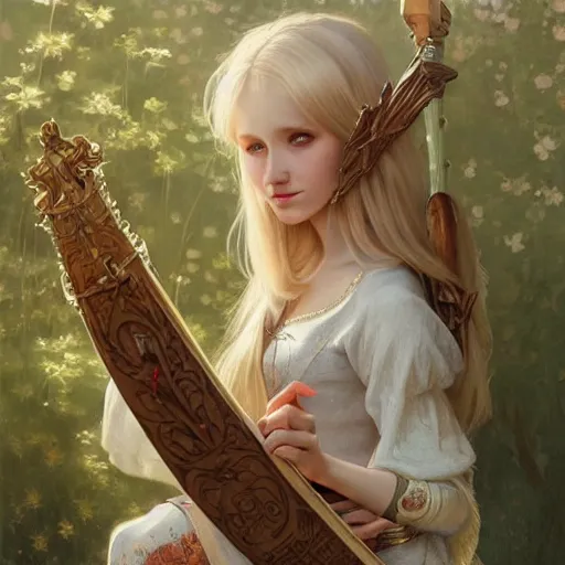 Image similar to elf fairy blond with a beautiful face, holding a lute, wearing a cardigan, highly detailed, intricate, digital painting, artstation, sharp focus, illustration, art by jakub rozalski, greg rutkowski, artgerm, tan zi and ayanamikodon and alphonse mucha and wlop