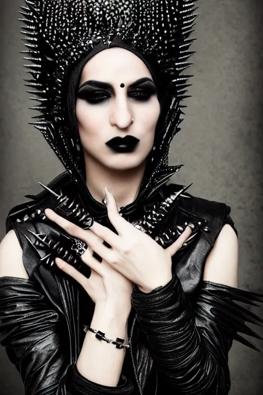 Image similar to a genderqueer iranian woman in a black leather outfit with spikes on her head, a high fashion character portrait by christen dalsgaard, featured on behance, gothic art, androgynous, genderless, gothic