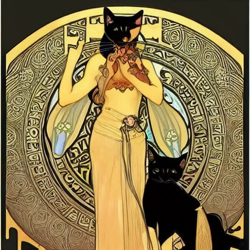 Image similar to beautiful, gorgeous art nouveau drawing of a black egyptian cat by alphonse mucha, impressive, wonderful, very detailed, perfect anatomy, symmetrical, trending on artstation, masterpiece