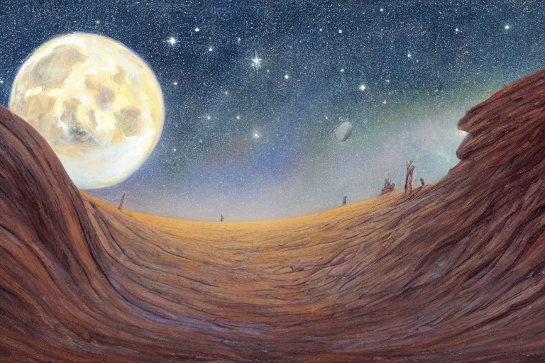 Prompt: a beautiful wide angle landscape painting of a rock galaxy in the west end of the moon