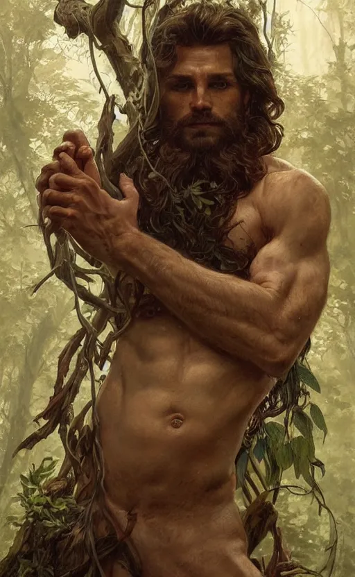 Image similar to portrait of the god of the forest, 30 years old, rugged, male, gorgeous, detailed face, amazing, thighs!!!!!!, muscular, intricate, highly detailed, digital painting, artstation, concept art, sharp focus, illustration, art by greg rutkowski and alphonse mucha