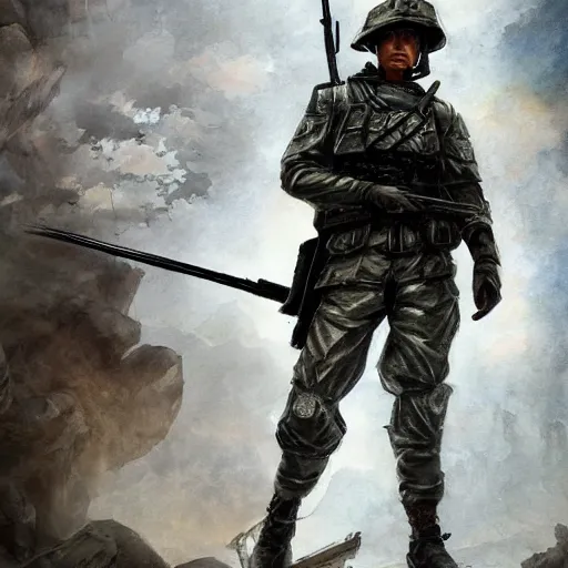 Image similar to dynamic composition, motion, ultra-detailed, incredibly detailed, a lot of details, amazing fine details and brush strokes, colorful and grayish palette, smooth, HD semirealistic anime CG concept art digital painting, watercolor oil painting of a Chinese SWAT soldier, by a Chinese artist at ArtStation, by Huang Guangjian, Fenghua Zhong, Ruan Jia, Xin Jin and Wei Chang. Realistic artwork of a Chinese videogame, gradients, gentle an harmonic grayish colors.