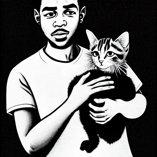 Image similar to storybook illustration of a rapper in 1 9 9 0 new york holding a kitten up to the camera, storybook illustration, monochromatic