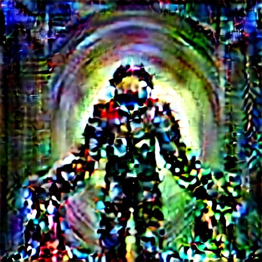 Image similar to full-body dark creepy baroque style oil painting realism a decapitated astronaut with futuristic elements. he welcomes you under with no head, empty helmet inside is occult mystical symbolism headless full-length view. standing on ancient altar eldritch energies lighting forming around disturbing frightening intricate renaissance, digital illustration hyper realism, 8k, depth of field, 3D