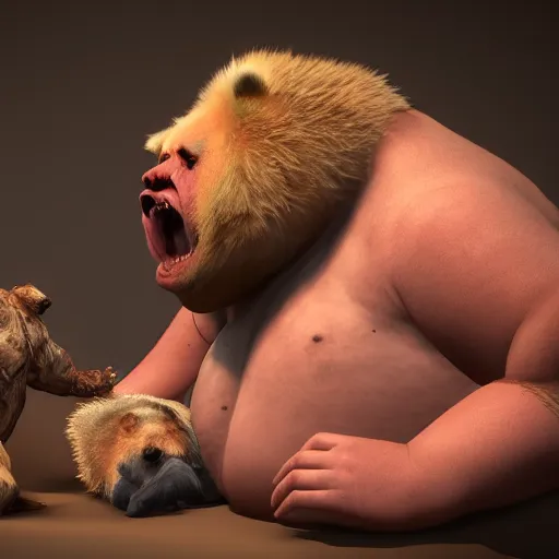 Image similar to cinematography picture of very fat monster with human skin, holding a bear while eating a human, unreal engine 5, ps5, ultra realistic, hyperrealistic, artstation