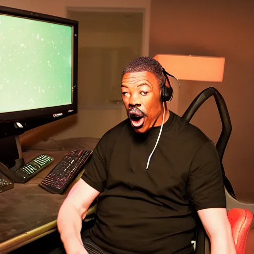 Image similar to my 600 lb Eddie Murphy wearing a headset yelling at his monitor while playing WoW highly detailed wide angle lens 10:9 aspect ration award winning photography by David Lynch esoteric erasure head