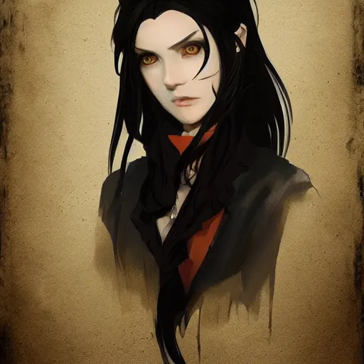 Image similar to female human vampire witch in the style of greg rutkowski, makoto shinkai, trending on artstation, character design, concept art, pretty face, highly detailed, long black hair, portrait, digital art