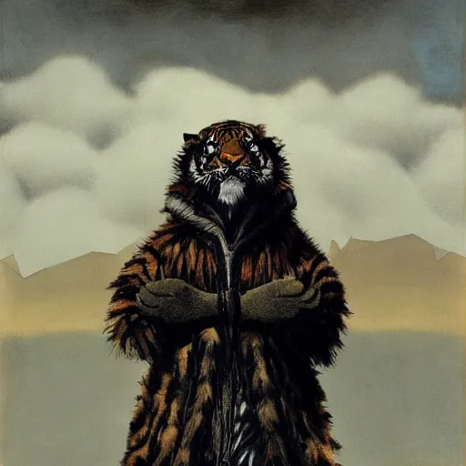 Image similar to Portrait Portrait of Pootie Tang the tiger emerging from poofy tigerskin coat whilst standing atop a cloud-covered mountain peak dan witz paul klee andrew wyeth tom bagshaw stanton feng bastien lecouffe-deharme tombow oil painting