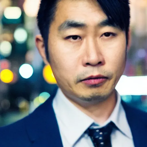 Prompt: night close up portrait of an beautiful adult asian man wearing a suit in the streets of akihabara, depth of field bokeh, award winning photo, color graded, soft focus, high detail, sigma lens 7 0 mm