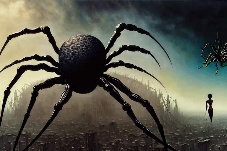 Prompt: realistic detailed closeup portrait movie shot of a beautiful black woman riding a giant spider, dystopian city landscape background by denis villeneuve, amano, yves tanguy, alphonse mucha, max ernst, ernst haeckel, caravaggio, roger dean, cyber necklace, rich moody colours, sci fi patterns, wide angle