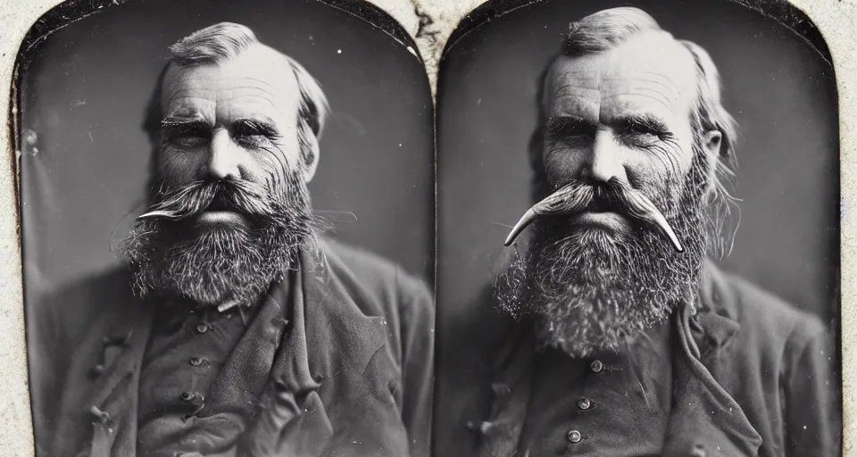 Prompt: a dry plate photograph of a grizzled old sea captain with a walrus mustache