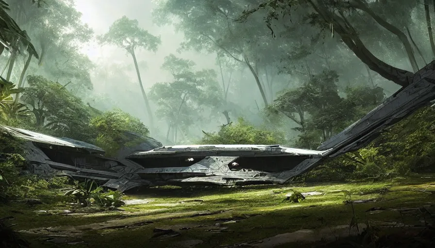 Image similar to a beautiful painting of a crashed star destroyer ion drive in a lush jungle, ray traced lighting by kalin popov and greg rutkowski