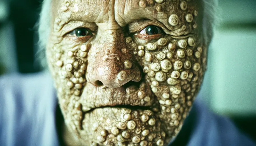 Image similar to 7 0 s movie still of a old man with trypophobia skin in the hospital, cinestill 8 0 0 t 3 5 mm eastmancolor, heavy grain, high quality, high detail