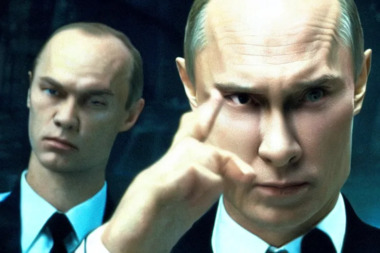 Prompt: film still of Vladimir Putin as agent Smith from the movie The Matrix (1999)