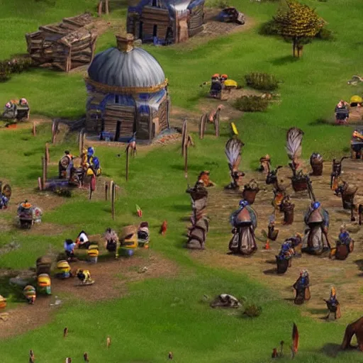 Image similar to a group of giant minions standing near a Town Center in the game Age of Empires