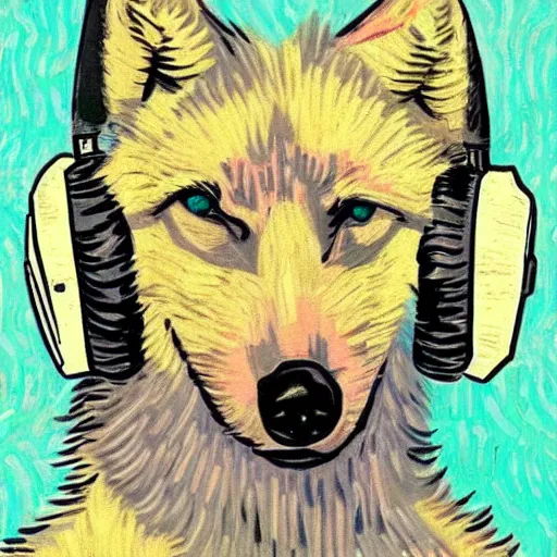 Prompt: retarded wolf portrait, van gogh style, pink headphones