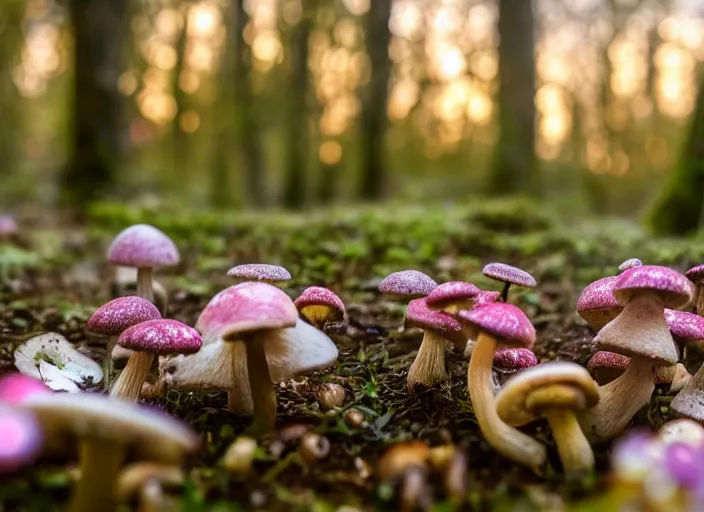 Prompt: a magical forest with delicate flowers and mushrooms that glow in the dusk, macro close up, bokeh,