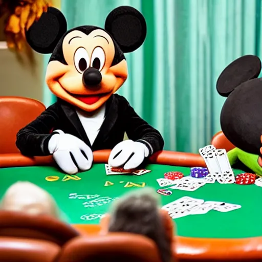 Prompt: kermit playing poker with mickey mouse in las vegas