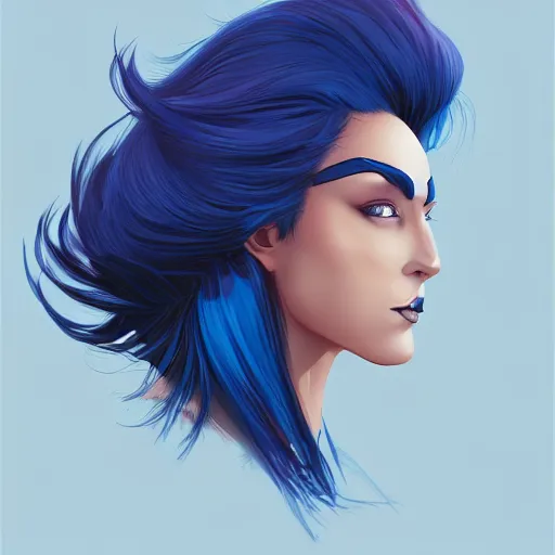 Prompt: a stunning upper body portrait of a beautiful woman with raven blue hair blowing in the wind by marvel comics, digital art, trending on artstation