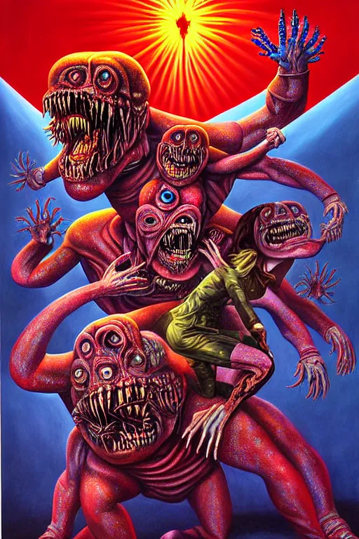 Image similar to a hyperrealistic painting of iron maidens eddie an epic boss fight against money devouring democratic politician demons, cinematic horror by chris cunningham, lisa frank, richard corben, highly detailed, vivid color,