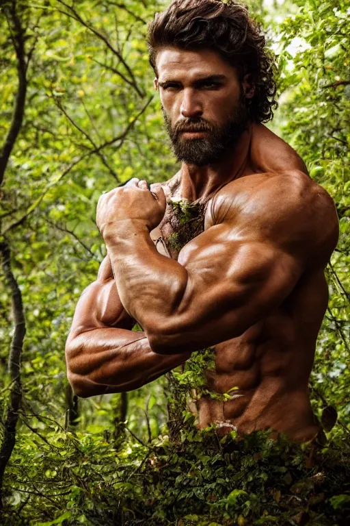 Image similar to portrait of a muscular man, chiseled features, beautiful flowing brown curly hair, mythological, god of nature, defined muscles, artsy photography, film photo, 4 k, model posing, deep tan skin, trending on artstation, fashion photography, yellow eyes, overgrown background, dryad, verdant forest