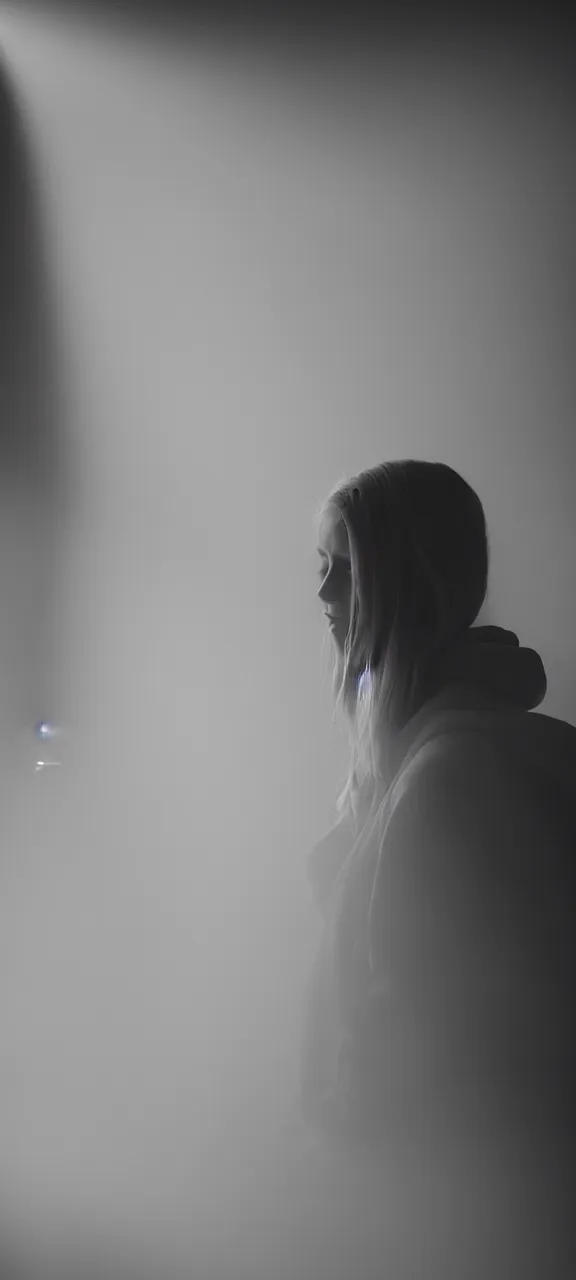 Image similar to very very beautiful photograph of emily skinner looking like annie leonhart in a hoodie standing next to a window god rays shining on her from the sunlight, volumetric fog, smoke, depth of field, beautiful composition, very very very beautifull face, on artstation and instagram, ray tracing