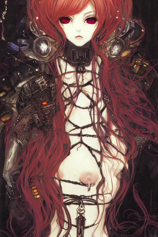 Image similar to portrait of beautiful young gothic anime maiden, cute anime face, cyberpunk, Warhammer, highly detailed, artstation, illustration, art by Gustav Klimt