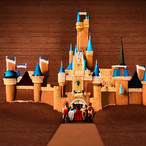 Image similar to people walking into the castle by walt disney buit made from gingerbread and stuff, live action digital art