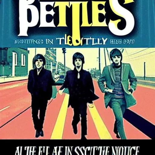 Prompt: The Beatles in the style of a 1970’s sci-fi novel cover