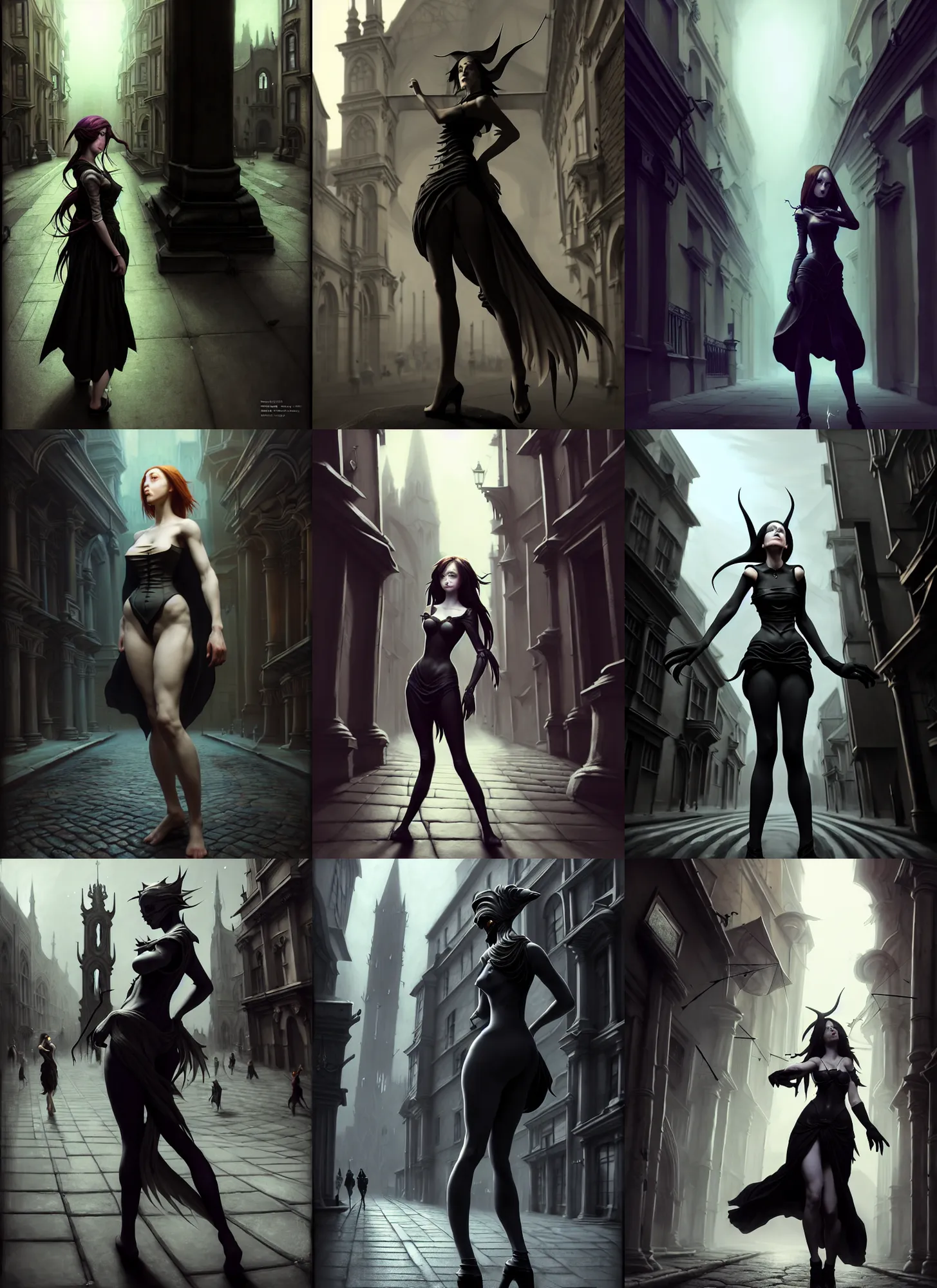 Prompt: artist reference pictures pose, anatomy skills,sophisticated composition, old masters light composition, procedurally generated, epic anthropomorphic spirit girl character posing for concept art, gothic city streets behind her, costume design from metamodern designers, substance designer, PBR, HD, Ultra detailed, hyperrealistic, megascans, volumetric light, concept by master artist, made in paint tool SAI2, trending pixiv face