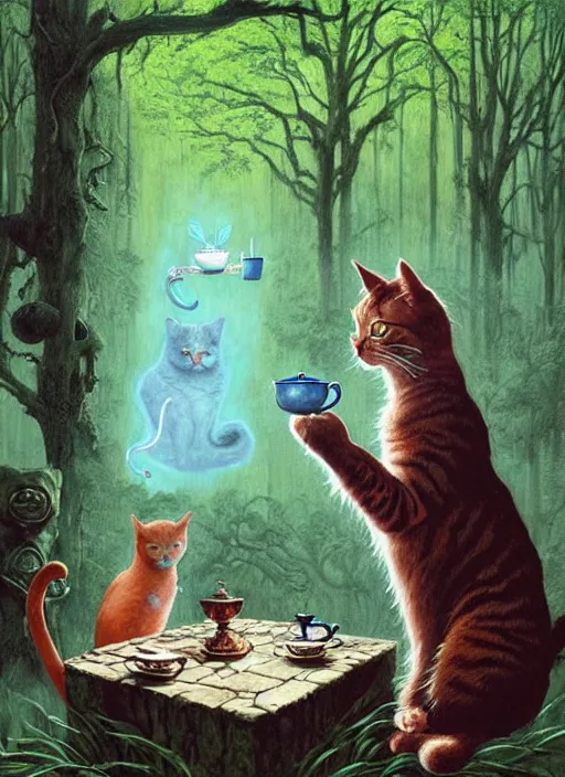 Image similar to cat having tea with a sorceress at a shrine in the woods by a stream, river gorgeous lighting, lush forest foliage blue sky a hyper realistic painting by chiara bautista and beksinski and norman rockwell and greg rutkowski weta studio, and lucasfilm