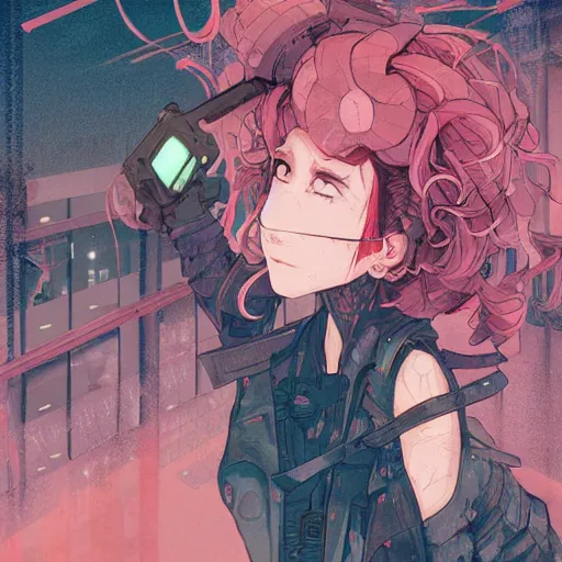 Image similar to close up, a grungy cyberpunk anime, very cute, pose pointing a bow and shouting by super ss, cyberpunk fashion, curly pink hair, night sky by wlop, james jean, victo ngai, highly detailed