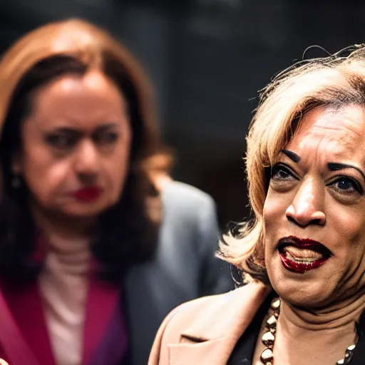 Prompt: disney cruella devilla being acted by kamala harris, 8 k, professional photography, cinematic shot, dark, smoke