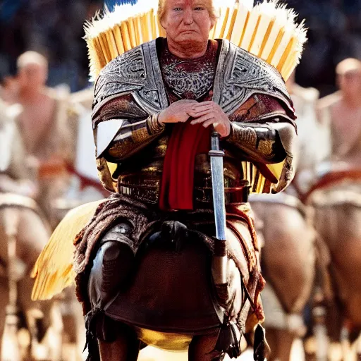 Prompt: still of Donald Trump as Maximus in Gladiator remake 2029
