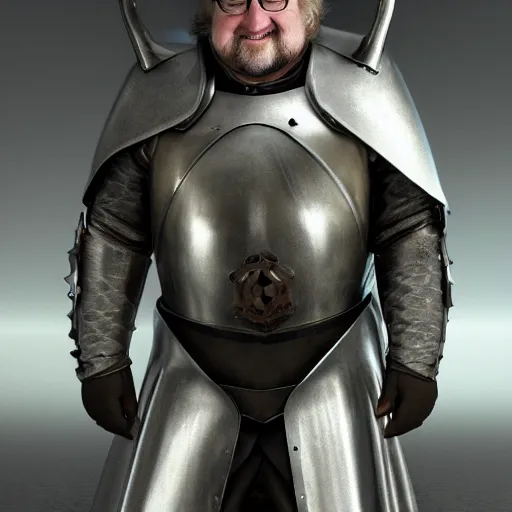 Prompt: gabe newell in a full futuristic medieval armor, cinematic still, 8 k