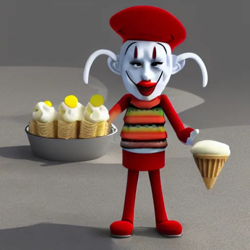 Image similar to Killer Animtronic Clown selling ice cream, 4k, 3d render, realistic