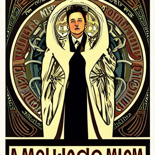 Prompt: “Art Nouveau poster of elon musk in style of Alphonse Mucha”