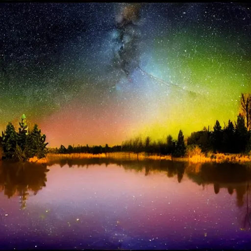 Image similar to lake that is reflecting the cosmos at night with countless stars, superior quality, intricate quality, viscous liquid, surreal, highly detailed, real camera, real photo, 8 k, art by artstation