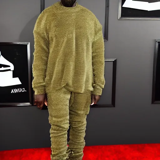 Prompt: kanye west at the grammys in an avocado costume, red carpet photo