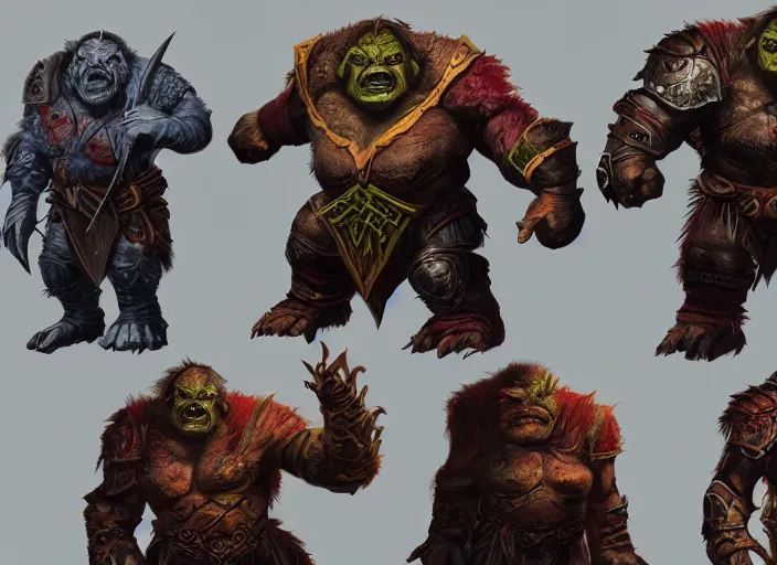 Image similar to three different views of orcs in armour, colourful concept art by senior character artist, trending on artstation, artstation hd, full body, ultra - realistic! intricate!