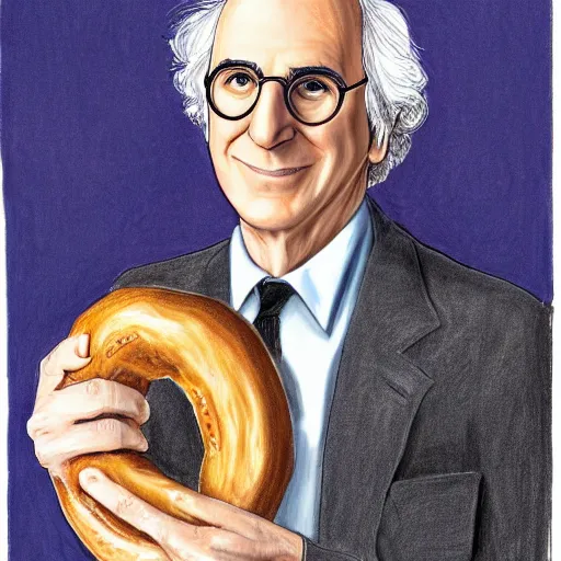 Image similar to larry david sitting on large bagel, colored-pencil