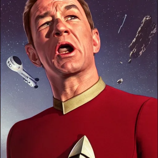Image similar to photograph of captain j. kirk from star trek screaming in terror. sharp photograph, sharp focus, highly detailed,, detailed face!!, ultra realism, dramatic lighting, zeiss lens, canon eos, detailed skin, dynamic pose, 8 k resolution, hyperrealism, portrait photography, art by artgerm and greg rutkowski and alphonse mucha