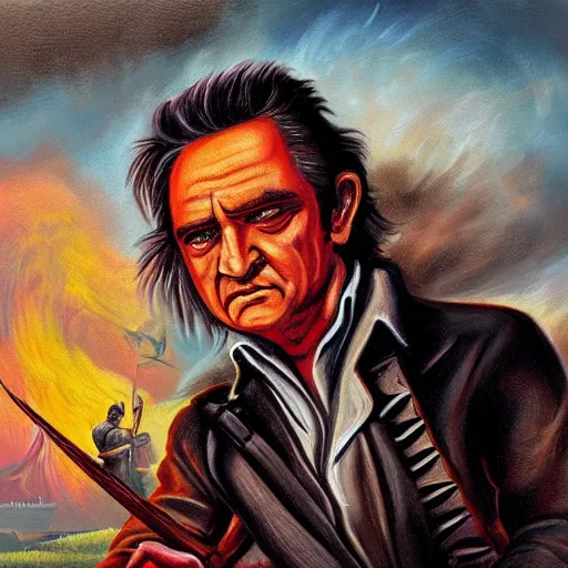 Prompt: fantasy art ultra detailed color johnny cash as a revolutionary war warrior bayoneting a traitor fbi agent